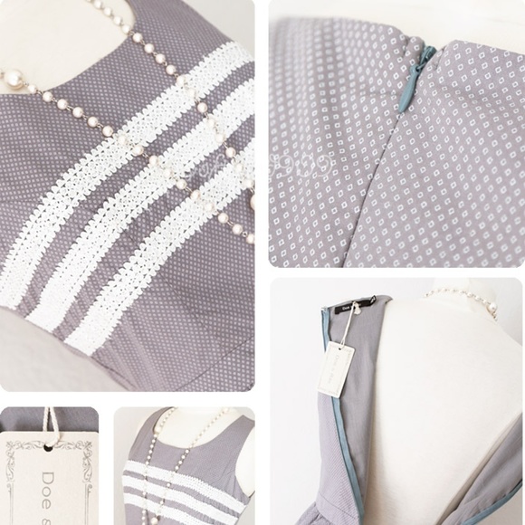 Gray White Lace Trim 100% Cotton Cute A line Dress - Picture 7 of 8